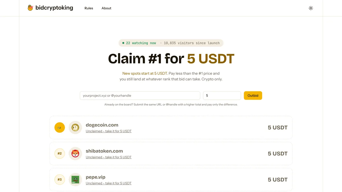 Bid form above a ranked list of crypto sites and the USDT each one paid to hold its place