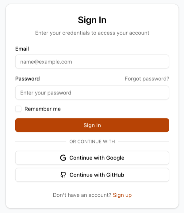 Sign-in form with email, password, remember me, and Google and GitHub buttons