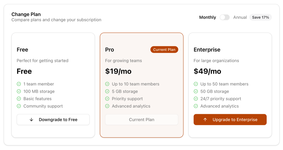 Plan picker with Free, Pro and Enterprise tiers, monthly and annual billing, and the current plan highlighted