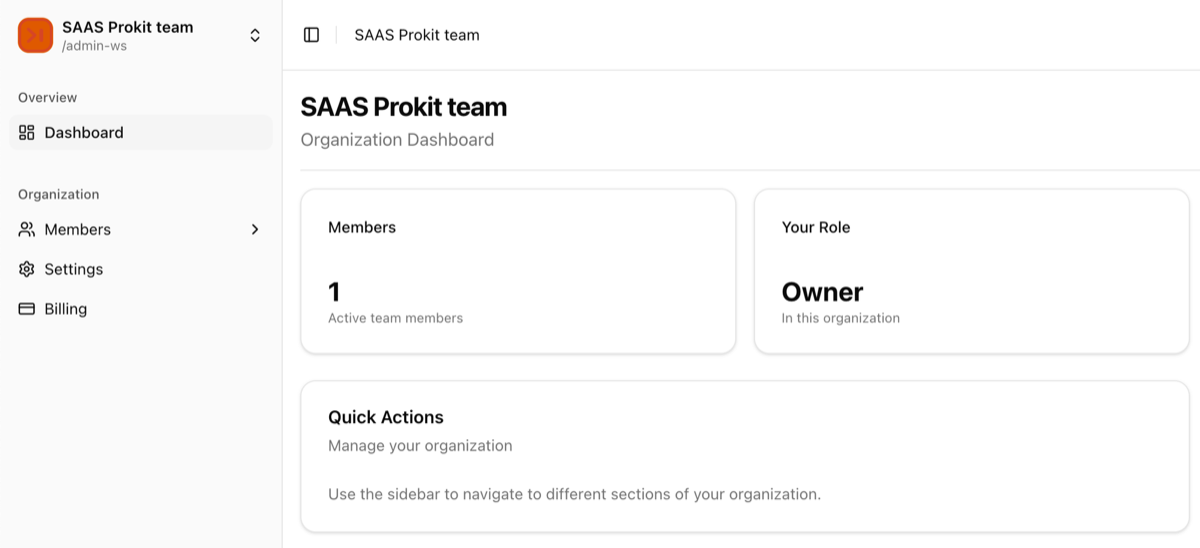 Organization dashboard showing members, role, and quick actions for a workspace
